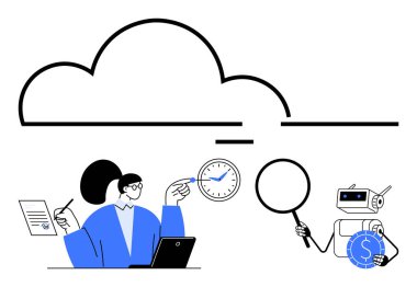 Saati gösteren dizüstü bilgisayarı olan bir iş kadını, elinde büyüteç ve para tutan bir robot, yukarıda büyük bir bulut var. Teknoloji, zaman yönetimi, yapay zeka, otomasyon, finans, bulut depolama yeniliği için ideal