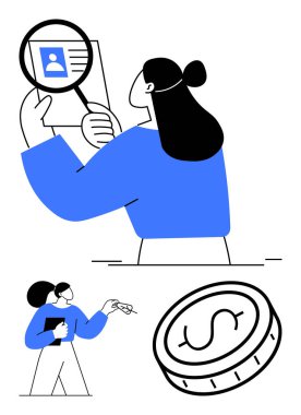 Kadın profil detaylarını büyüteçle inceliyor, ortağı pano ile tartışıyor, para bütçeyi ve değeri simgeliyor. İş arama, adam toplama, İnsan Kaynakları, analiz, ekip çalışması, basit planlama için ideal