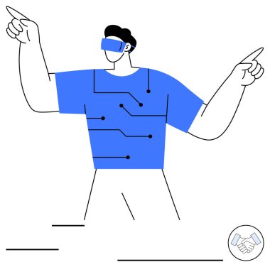 Sanal gerçeklik kulaklığı takan, devre temalı gömlek giyen, iki elini de dışarı gösteren. Teknoloji, yenilik, bağlantı, VR, yaratıcılık gelecekçilik takım çalışması için idealdir. Düz basit metafor