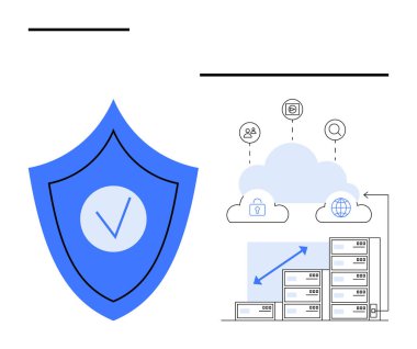 İşaretli mavi kalkan, bulut, güvenli bağlantılar, küresel erişim ve büyüyen sunucuların yanında korumayı da simgeliyor. Güvenlik, bulut hesaplama, veri depolama, teknoloji için ideal
