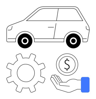Araba taslağı, teçhizat, otomotiv finansmanı, onarım, satın alma, satma, sigorta sürdürülebilirliği basit bir iniş sayfası. Çizgi benzetmesi. Basit satır simgeleri