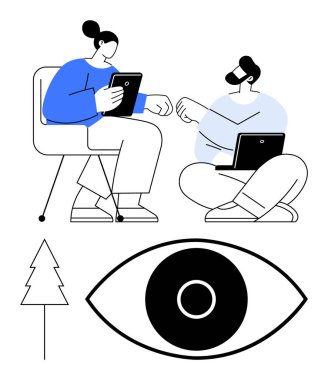 Birbiriyle etkileşen iki kişi, biri tablet taşıyan bir sandalyede ve biri dizüstü bilgisayarla yerde, yanında bir ağaç ve bir göz sembolü var. Takım çalışması, uzaktan çalışma, dijital iletişim ve odaklanma için ideal