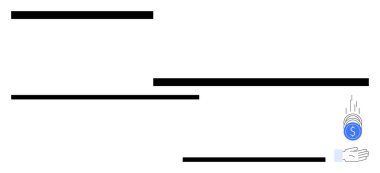 El, bir dolar sembolü olan ve hareketi, yönü veya ilerlemeyi temsil eden basit yatay siyah çubuklarla çevrili bir bozuk parayı yakalamaya uzanır. Finans, tasarruf, yatırım, büyüme için ideal