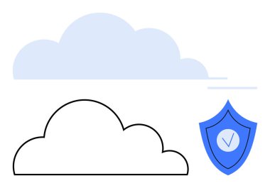 Soyut dizaynda bulut oluşumları ve üzerinde kontrol işareti olan mavi bir kalkan. Bulut bilgisayarı, güvenlik, teknoloji, veri depolama, gizlilik, dijital güvenlik, basit iniş sayfası için ideal