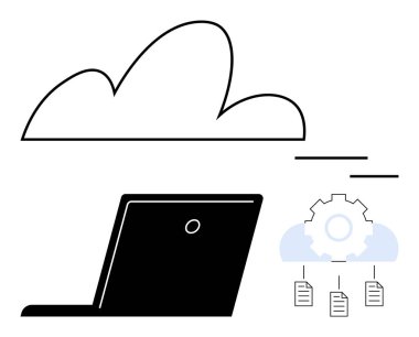 Bulut deposuna erişen dizüstü bilgisayar, bağlantılı belgelerle donatılmış. Veri paylaşımı, dosya eşgüdümü, iş akışı otomasyonu, dijital dönüşüm, bulut çözümleri, teknoloji için ideal