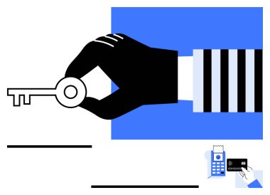 Siyah eldivenli bir el, anahtar, dijital ödeme terminali ve mavi beyaz arka planda bir kart tutuyor. Güvenlik, erişim, teknoloji, ödeme, dijital kimlik, güvenlik kavramları için ideal