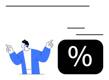 VR kulaklıklı kişi istatistik, yenilik ve dijital dönüşümü temsil eden yüzde sembolüne işaret ediyor. Teknoloji, finans, eğitim, veri analizi, sanal etkileşimler için ideal