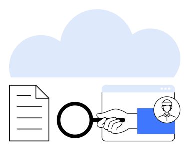 Belge, büyüteç, tarayıcı penceresi ve analizi, güvenliği, arama, izleme, bulut depolama araştırması ve mahremiyeti vurgulayan kullanıcı simgesi içeren bulut sembolü. Veri güvenliği dijital için ideal
