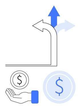 Yukarı ve bölünmüş oklar, dolar işaretleri ve finans ve yatırımı sembolize eden bir el ile seçenekleri ve büyümeyi temsil ediyor. İş, finans, strateji, karar verme, yatırım, büyüme için ideal