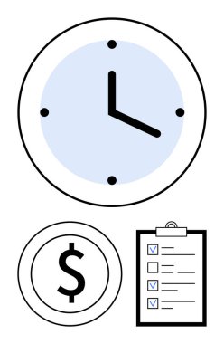 Zaman için saat, finans için dolar işareti, organizasyon için kontrol listesi. Zaman takibi, bütçe, organizasyon, planlama, üretkenlik, hedef belirleme sade iniş sayfası için ideal