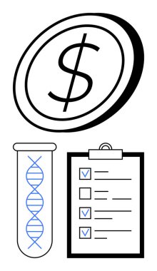 Finansmanı temsil eden sikke simgesi, biyoteknoloji için DNA ipliği olan test tüpü ve planlama için kontrol listesi panosu. Biyoteknoloji, finans, tıbbi araştırma, süreç yönetimi ve yenilik için ideal