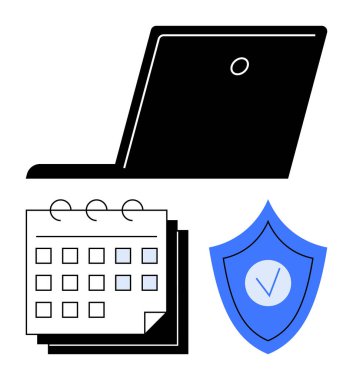 Takvimin üstündeki dizüstü bilgisayar ve güvenlik işaretli kalkan. Üretkenlik, planlama, siber güvenlik, programlama, uzaktan çalışma, organizasyon, eğitim için ideal. Basit iniş sayfası