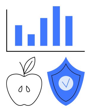 Çubuk grafik, çizilmiş elma ve işaretli kalkan sağlık, beslenme ve güvenliği gösteriyor. Sağlık, veri analizi, sağlık, eğitim diyeti planlama güvenliği ve basit bir iniş için ideal