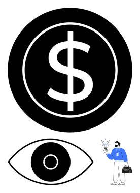 Çemberin içinde dolar sembolü, minimalist göz simgesi, fikirleri, odaklanmayı ve yeniliği sembolize eden ampulü olan kişi. Finans, iş vizyonu, yaratıcılık, strateji başlangıcı ve basit