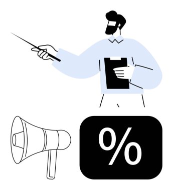Pano tutan ve çubuk, megafon ve yüzdelik simgesiyle işaret eden adam. Eğitim, iş analizi, pazarlama, iletişim, finansal hedefler, sunumlar için ideal