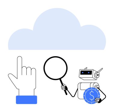 Robot elinde büyüteç ve bozuk para tutuyordu. Elleri bulutu gösteriyordu. Yapay zeka, bulut hesaplama, veri araştırması, otomasyon, dijital finans, teknolojik sanal çözümler için idealdir. Düz basit metafor