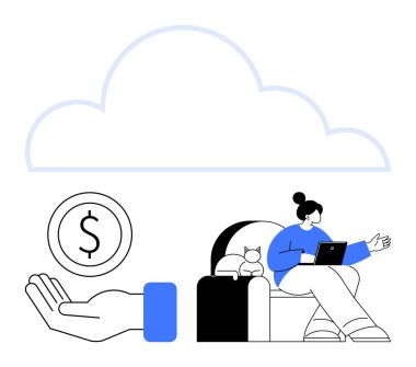 Kanepede oturan kişi yanında kedisi olan bir dizüstü bilgisayar, üstünde büyük bir bulut ve elinde bozuk para sembolü ile oturuyor. Teknoloji için ideal, uzaktan çalışma, bağış, bulut depolama, serbest çalışma, finansal basitlik