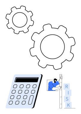Dişliler ve hesap makinesi sistem analizini temsil eder. Engelleri istiflemek risk olarak etiketlenir. Değerlendirme ve hafifletmeyi simgeler. İş stratejisi, yönetim, finans, ihtiyat, sorun çözme için ideal