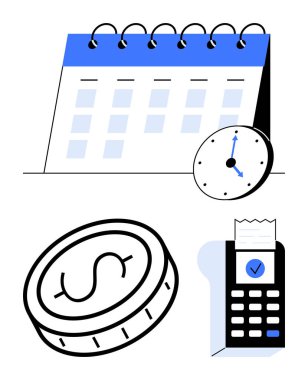 Belirli bir saate ayarlanmış bir takvim, büyük bir dolar bozuk para ve faturalı bir ödeme terminali. Bütçe, tasarruf, organizasyon, programlama, teslim tarihleri, işlemler için ideal