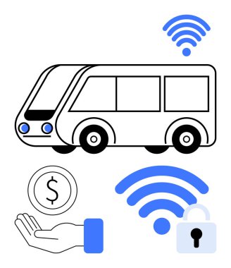 Otobüs, kablosuz sinyaller, güvenlik için asma kilit, ulaşım, teknoloji, bağlantı, güvenlik, ulaşılabilirlik, modern kentsel hareketlilik ve basit iniş sayfası için ödeme ideali için el ele tutuşma madeni para