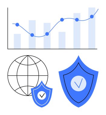Veri ilerlemesini gösteren çizgi grafiği, dünya çapındaki bağlantıları sembolize eden küre ve korunma için kalkanlar. Siber güvenlik, analitik, küresel teknoloji, veri koruması, risk yönetimi, bulut