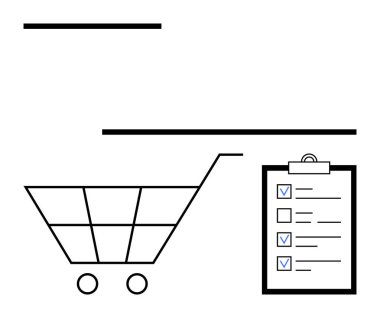 Alışveriş arabası ve tamamlanmış listeli pano. Perakende, planlama, e-ticaret, organizasyon, envanter, verimlilik ve basit iniş sayfası için ideal