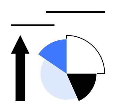 Yukarı doğru ok segmentli pasta grafiğinin ve veri, ilerleme ve analizi gösteren yatay çubukların yanında. İş için ideal, istatistik, büyüme, strateji, başarı, finansman sade metafor