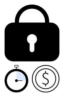 Anahtar delikli asma kilit, kronometre kısmen dolu ve dolar işaretli para. Finans, zaman yönetimi, güvenlik, mahremiyet, yatırım, tasarruf ve basit bir iniş sayfası için ideal