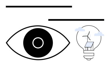 Göz sembolü güneş panelleri, rüzgar türbini ve bulutlardan oluşan bir ampulle eşleştirilmiş. Sürdürülebilirlik, vizyon, yenilik, temiz enerji, teknoloji, çevre sade iniş sayfası için ideal