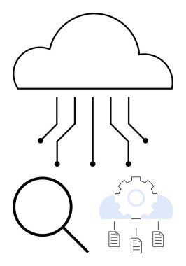 Bulut bağlı düğümler, teçhizat, belgeler ve bulut bilgisayarını temsil eden büyüteç, veri analizi, otomasyon, dijital depolama, bulut entegrasyonu araştırma ve teknoloji. İdeal