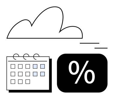 Yukarıda bulut, işaretlenmiş tarihli takvim, ve yüzde bloğu, verimliliği, planlamayı ve ölçümleri temsil ediyor. Zamanlama, depolama, veri analizi tasarruf verimliliğini finanse etmek için ideal
