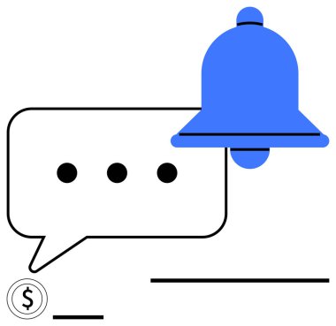 Konuşma balonu ve dolar işareti simgesi olan mavi çan uyarıları, mesajları, güncellemeleri, işlemleri, ödeme bildirimlerini, iş iletişimini, hatırlatıcıları vurguluyor. Uygulamalar ve hizmet markalaşması için ideal