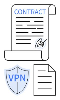 İmzalı bir sözleşme, VPN kalkan ikonu ve belge sembolü. Gizlilik, güvenlik, gizlilik, siber güvenlik, anlaşma hukuku ve uyum için idealdir. Düz basit metafor