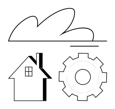 Minimalist bulut, ev ve vites simgeleri teknolojiyi, otomasyonu, konutu, yeniliği sembolize ediyor. Akıllı ev, teknoloji, servis otomasyonu mühendisliği yeniliği için ideal basit iniş sayfası