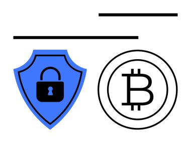 Kilitli mavi kalkan güvenlik ve korumanın yanı sıra blok zinciri teknolojisi, kripto para birimi güveni ve veri gizliliğini vurgulayan bir Bitcoin sembolü taşıyor. Fintech ve siber savunma için ideal.