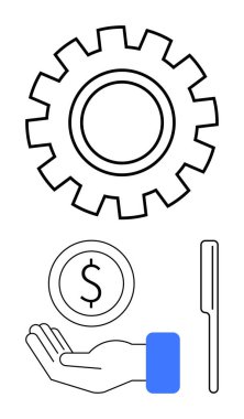 Operasyonlar için vites, finans için para ve anlaşmalar için kalem. Finans, iş stratejisi, girişimcilik, verimlilik, sözleşmeler, ekonomi için ideal