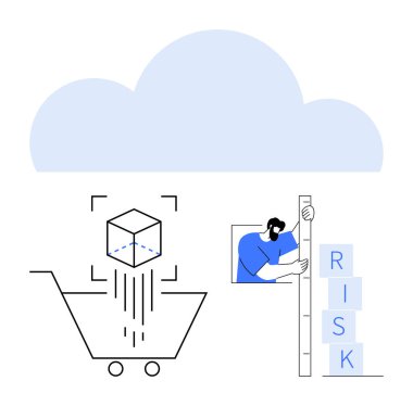3D küplü alışveriş arabası ve büyük bir bulut altında risk bloklarının ölçümü. Bulut teknolojisi, risk yönetimi, çevrimiçi iş, veri analizi, dijital ticaret, e-ticaret, basit