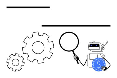 Robot elinde büyüteç, dişli çarkları ve bozuk parayı inceliyor. Otomasyon, teknoloji, finans, veri analizi, makine öğrenimi, yenilik, iş çözümleri için idealdir. Basit bir metafor.