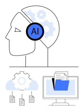 Yapay zeka etiketli ve vitesli insan kafası silueti bulut depolama, dosya hiyerarşisi ve masaüstüne bağlı ikonlar. Teknoloji, otomasyon, yenilik, yaratıcılık, veri analizi için idealdir.
