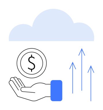 Yükselen oklarla el ele tutuşan para, finansal büyümeyi, dijital tasarrufları, bulut bankacılığını simgeliyor. Fintech, ekonomi, teknoloji, yenilik, iş yatırımı için ideal