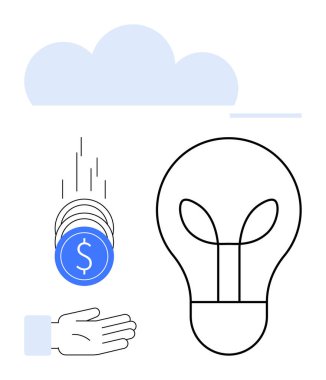 Bozukluklar el ele düşüyor, ampuller yeniliği simgeliyor, yumuşak bulut arka planı. İş stratejisi, finansman, yaratıcılık, yatırım, girişimcilik, yenilik için ideal