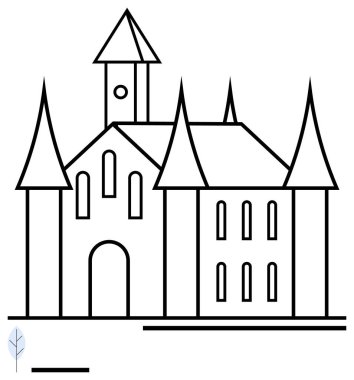Yüksek kuleleri, kemerli pencereleri ve geometrik tasarımı olan bir kale. Tarih, mimari, emlak, fantezi temaları, eğitim, seyahat dekorasyonu için ideal basit iniş sayfası