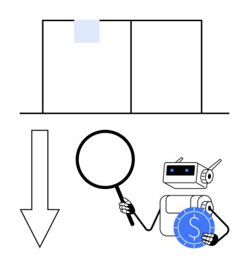 Elindeki büyüteç ve bozuk para, verileri aşağı doğru ok ve grafikle analiz ederek finans, araştırma ve ekonomi alanlarındaki görüşleri vurguluyor. AI, teknoloji, finans, yatırım, analiz için ideal