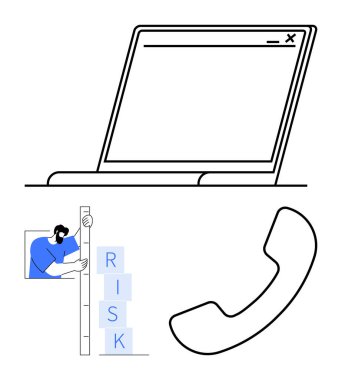 Penceresi açık bir dizüstü bilgisayar, cetvelle risk bloklarını analiz eden kişi, telefon ahizesi. İş için ideal, risk yönetimi, iletişim, teknoloji, güvenlik, basit iniş sayfası