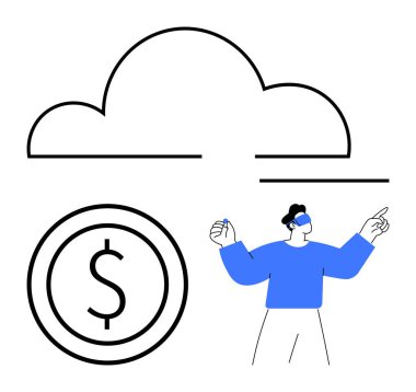 VR kulaklık takan bireysel hareketler, bilgisayarı temsil eden büyük bulut sembolü, finansı sembolize eden para birimi simgesi. Yenilik, teknoloji, finans, bulut hesaplama, sanal gerçeklik için ideal