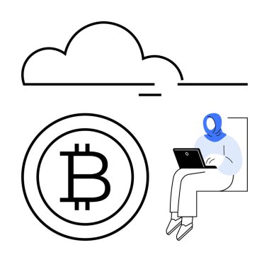 Mavi eşarplı dizüstü bilgisayar kullanıcısı bir bitcoin simgesi ve bulut ile birlikte çalışıyor. Kripto para birimi, engelleme zinciri, fintech, uzaktan çalışma, bulut hesaplama, dijital varlıklar, yenilik için ideal. Düz basit metafor