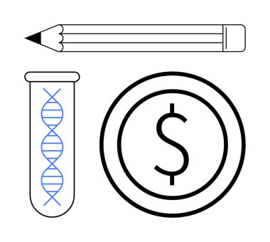 Kalem, test tüpündeki DNA ipliği ve para tabelaları eğitimi, yeniliği ve ekonomiyi sembolize ediyor. Bilim, araştırma, finans kavramları, STEM yatırım biyoteknolojisi için ideal