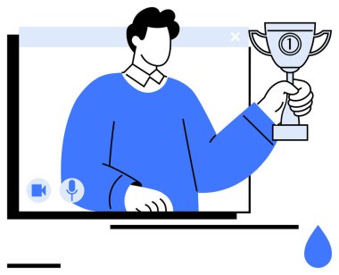 Sanal toplantıda ödül kaldıran kişi, başarıyı ve tanınmayı simgeliyor. Dijital iletişim, verimlilik, çevrimiçi etkinlikler, takım çalışması, liderlik, başarı, basit iniş için ideal