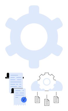 Belgeler, kontrol listesi ve aşağıdaki dosyalarla eşleştirilmiş dişli sembolleri hakim. Otomasyon, süreç, organizasyon, üretkenlik, dosya paylaşım takım çalışması için ideal düz metafor