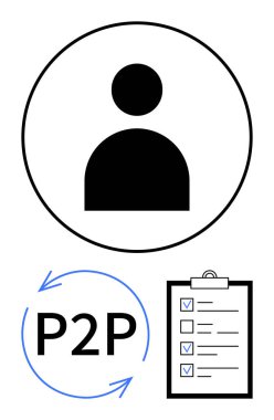 Kullanıcı profili simgesi, P2P metni etrafında dairesel oklar ve işaretlenmiş ögelerle birlikte bir kontrol listesi. İş akışı, kullanıcı yönetimi, işbirliği, görev izleme, süreç, veri akışı için ideal basit iniş sayfası